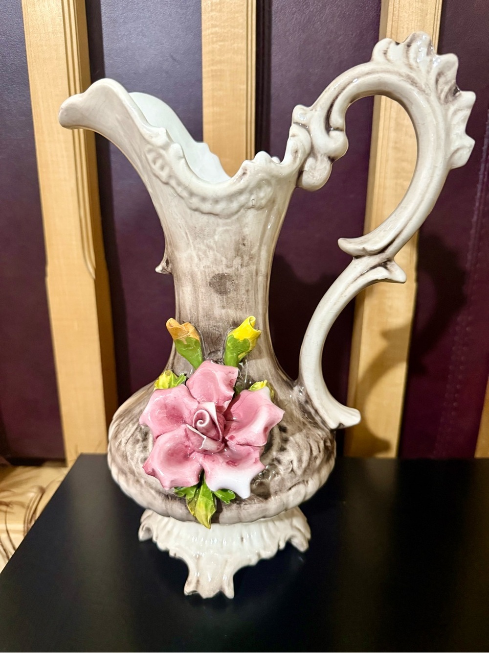 Ornate Ceramic Pitcher Vase with Pink Floral Accent
